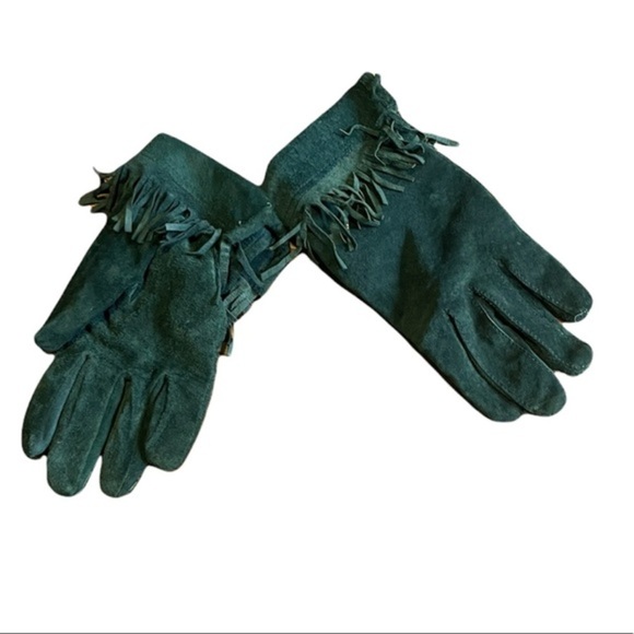 Vintage Suede Leather Gloves Deep Forest Green Wrist Fringe Detail Knit Lining - Picture 1 of 3